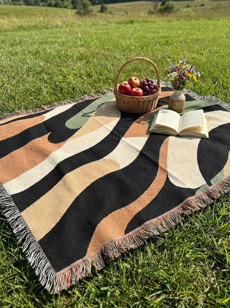 Organic Earthtone Wave Throw Blanket – Modern Abstract Woven Art Décor for Sofa and Bed - Modern Geometric Home Decor | HERITAGE LOOM CO.