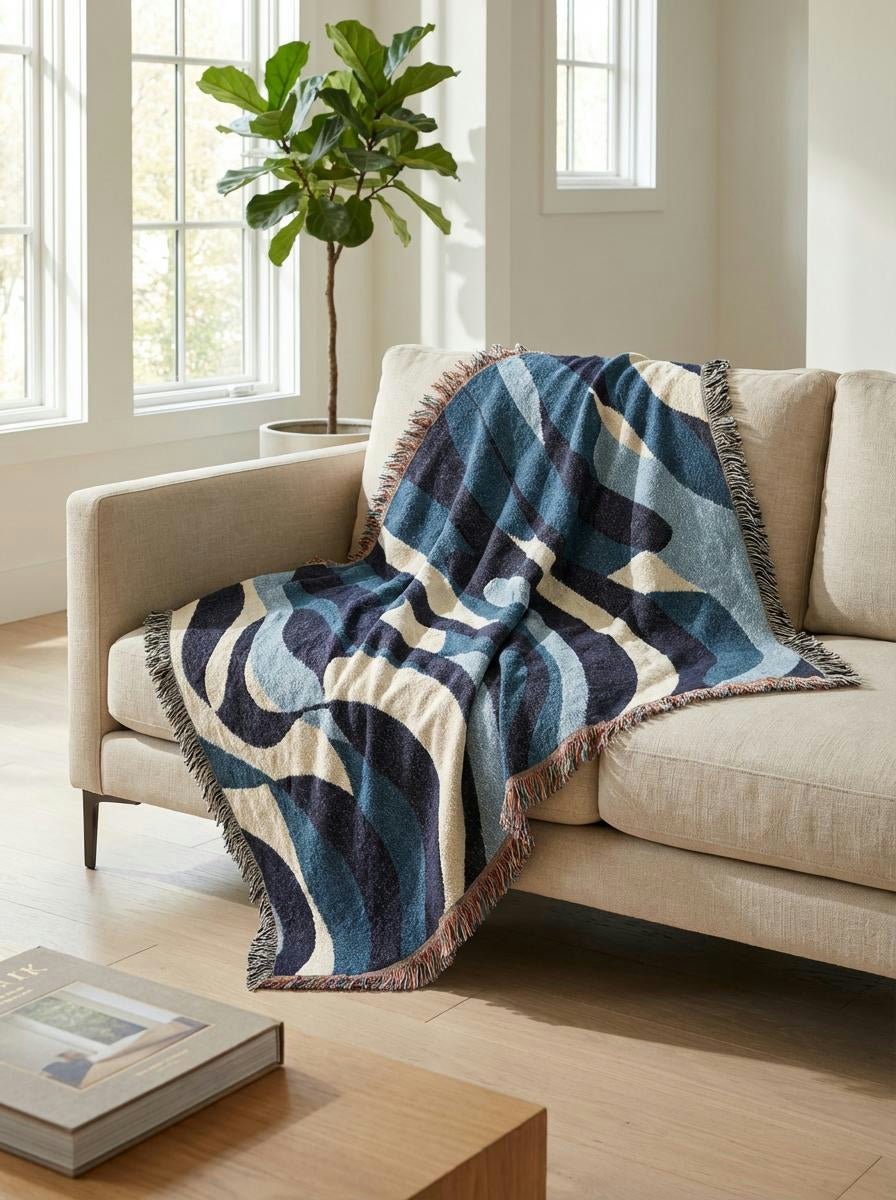 Ocean Wave Abstract Throw Blanket – Blue Modern Woven Art Décor for Sofa and Bed - Modern Geometric Home Decor | HERITAGE LOOM CO.
