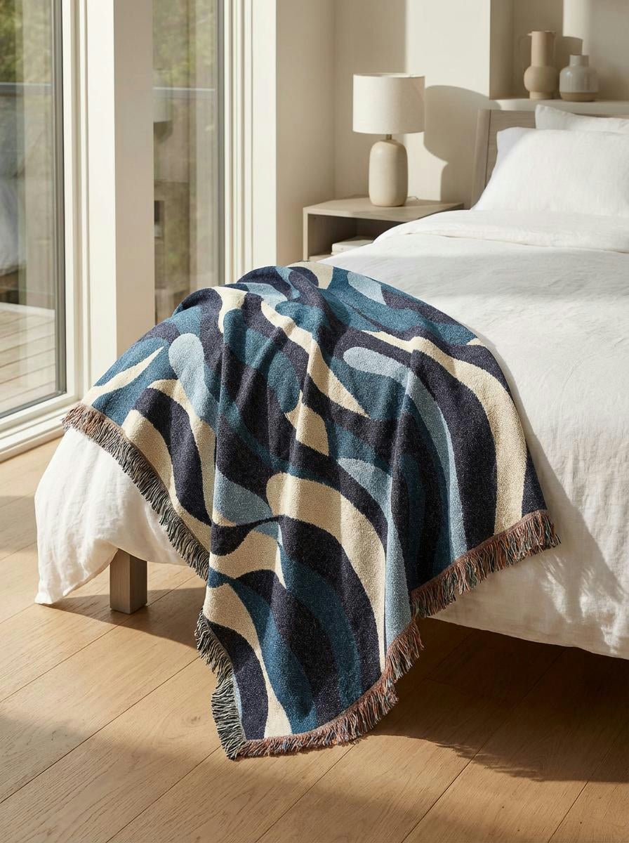 Ocean Wave Abstract Throw Blanket – Blue Modern Woven Art Décor for Sofa and Bed - Modern Geometric Home Decor | HERITAGE LOOM CO.