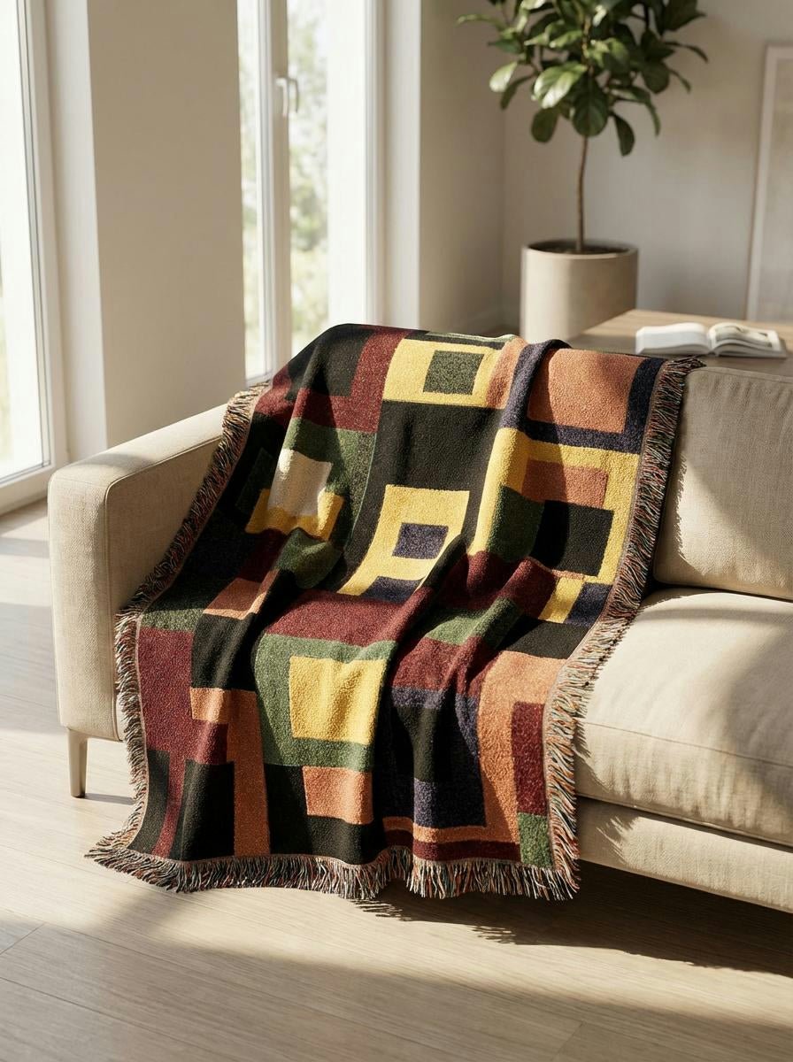 Urban Blocks Woven Throw Blanket – Earth Tone Geometric Art for Sofa and Bedn Throw - Modern Geometric Home Decor | HERITAGE LOOM CO.