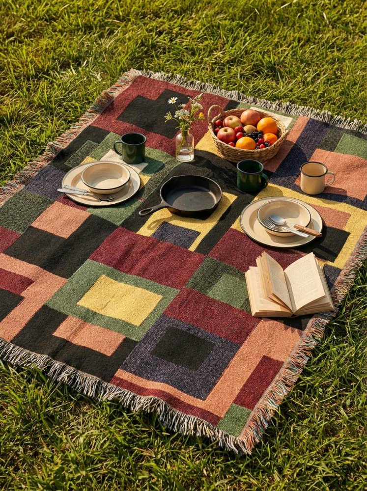 Home Decor {{variant_option}} - Urban Blocks Woven Throw Blanket – Earth Tone Geometric Art for Sofa and Bedn Throw woven throw blanket