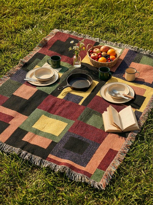 Home Decor {{variant_option}} - Urban Blocks Woven Throw Blanket – Earth Tone Geometric Art for Sofa and Bedn Throw woven throw blanket