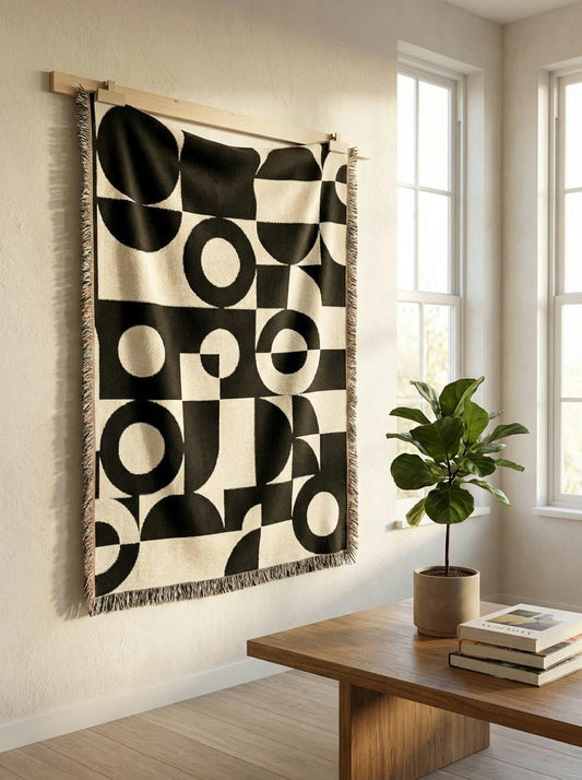 Black & Ivory Geometric Circles Throw Blanket – Modern Bauhaus Woven Art Décor for Sofa and Bed - Modern Geometric Home Decor | HERITAGE LOOM CO.