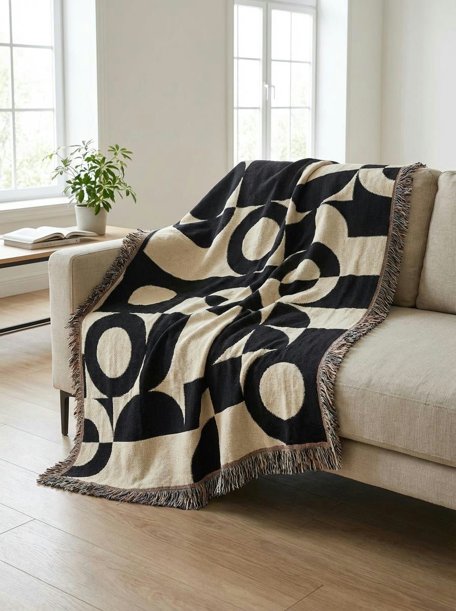 Black & Ivory Geometric Circles Throw Blanket – Modern Bauhaus Woven Art Décor for Sofa and Bed - Modern Geometric Home Decor | HERITAGE LOOM CO.
