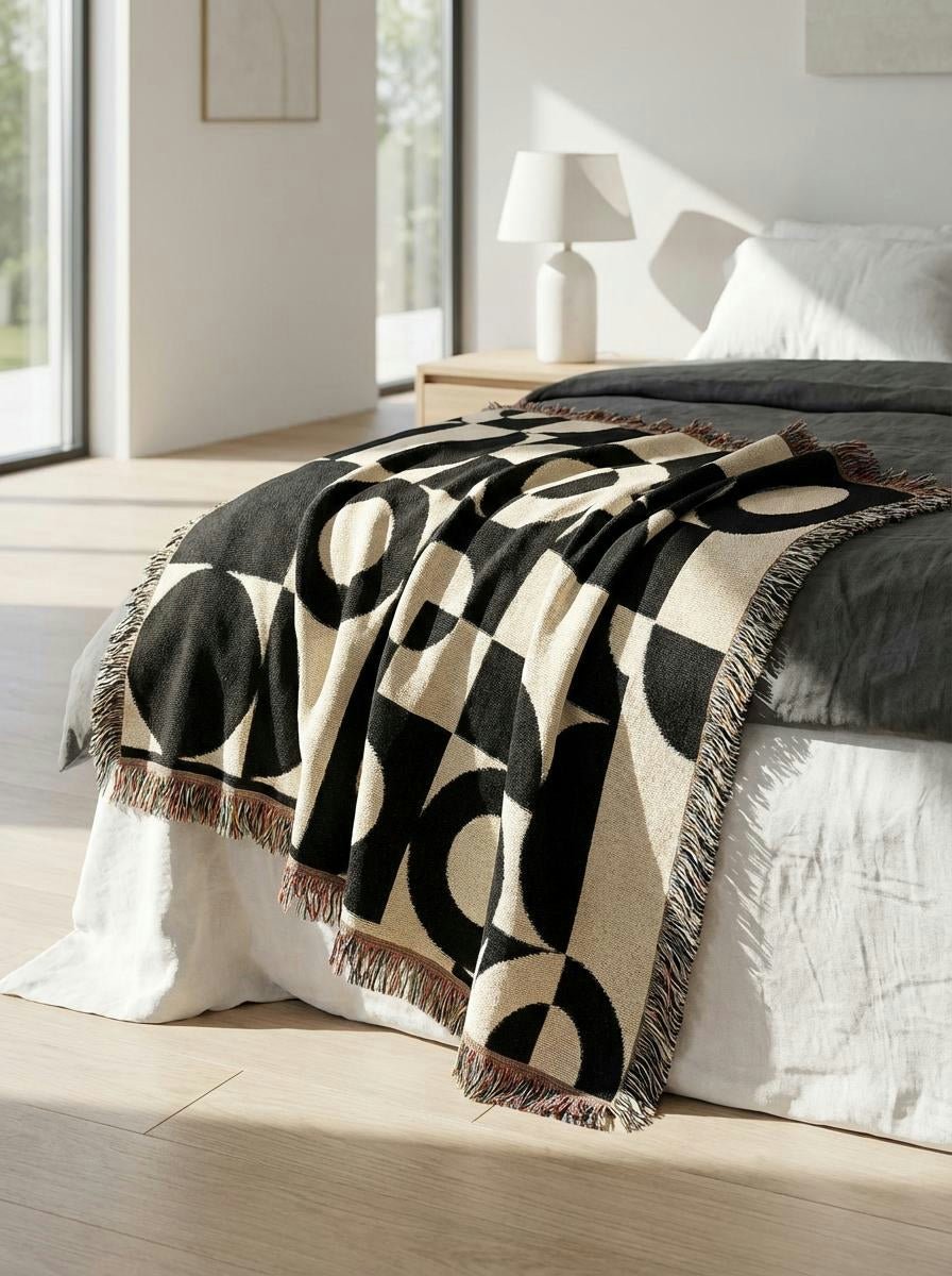 Black & Ivory Geometric Circles Throw Blanket – Modern Bauhaus Woven Art Décor for Sofa and Bed - Modern Geometric Home Decor | HERITAGE LOOM CO.