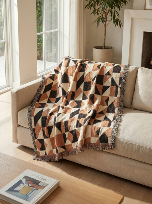 Home Decor {{variant_option}} - Terracotta Micro-Geo Pattern Throw Blanket – Modern Abstract Woven Art Décor for Sofa and Bed woven throw blanket