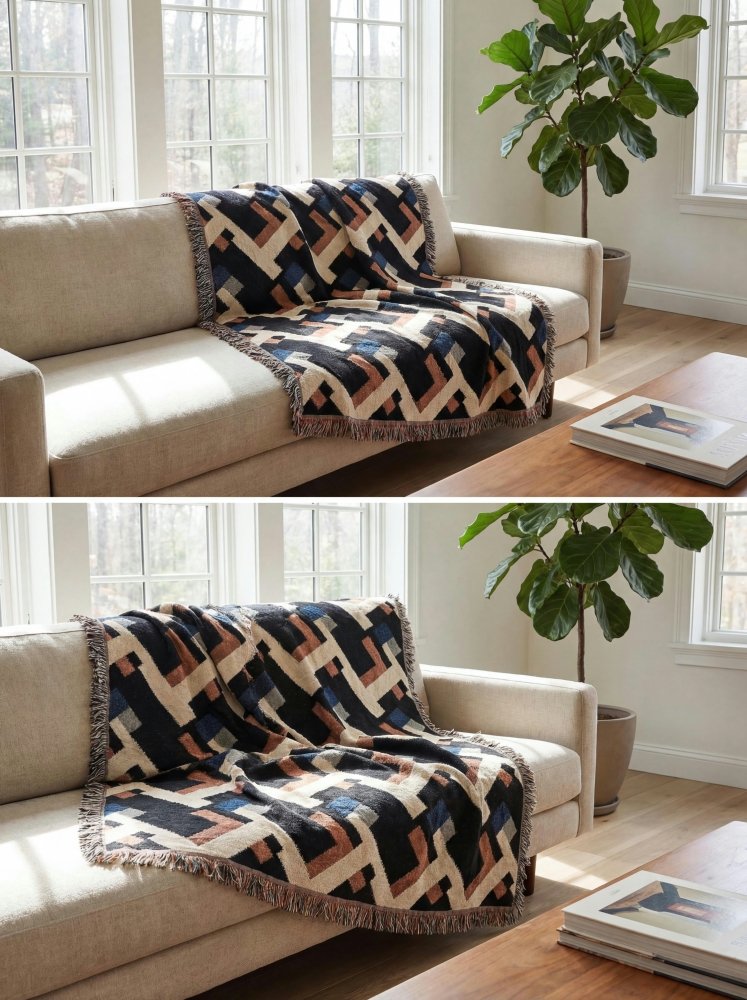 Home Decor {{variant_option}} - Retro Grid Pathways Throw Blanket – Modern Geometric Woven Art Décor for Sofa and Bed woven throw blanket