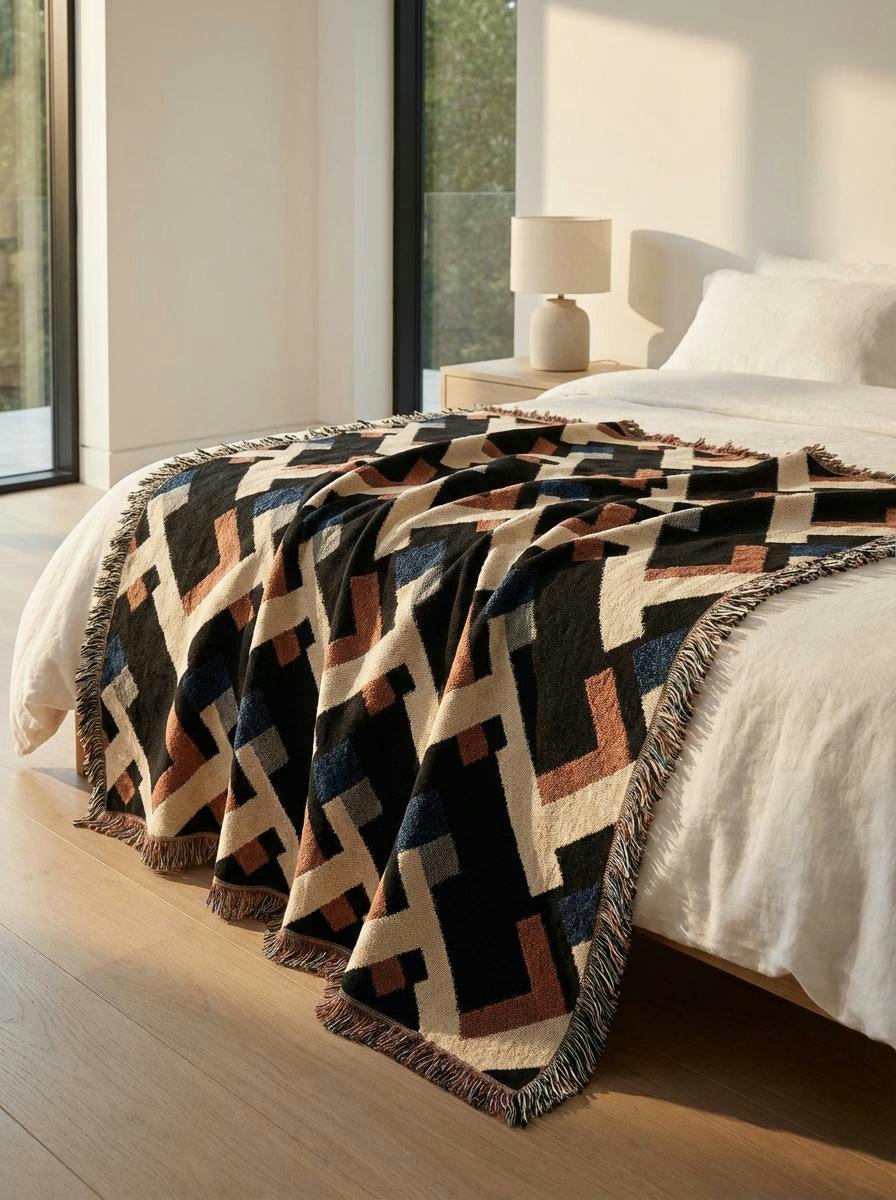 Retro Grid Pathways Throw Blanket – Modern Geometric Woven Art Décor for Sofa and Bed - Modern Geometric Home Decor | HERITAGE LOOM CO.