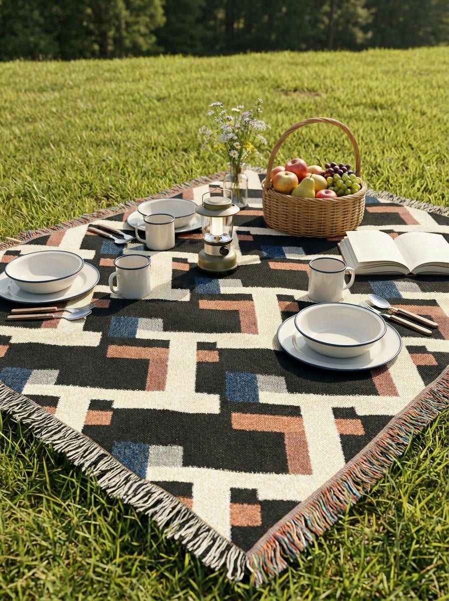 Retro Grid Pathways Throw Blanket – Modern Geometric Woven Art Décor for Sofa and Bed - Modern Geometric Home Decor | HERITAGE LOOM CO.