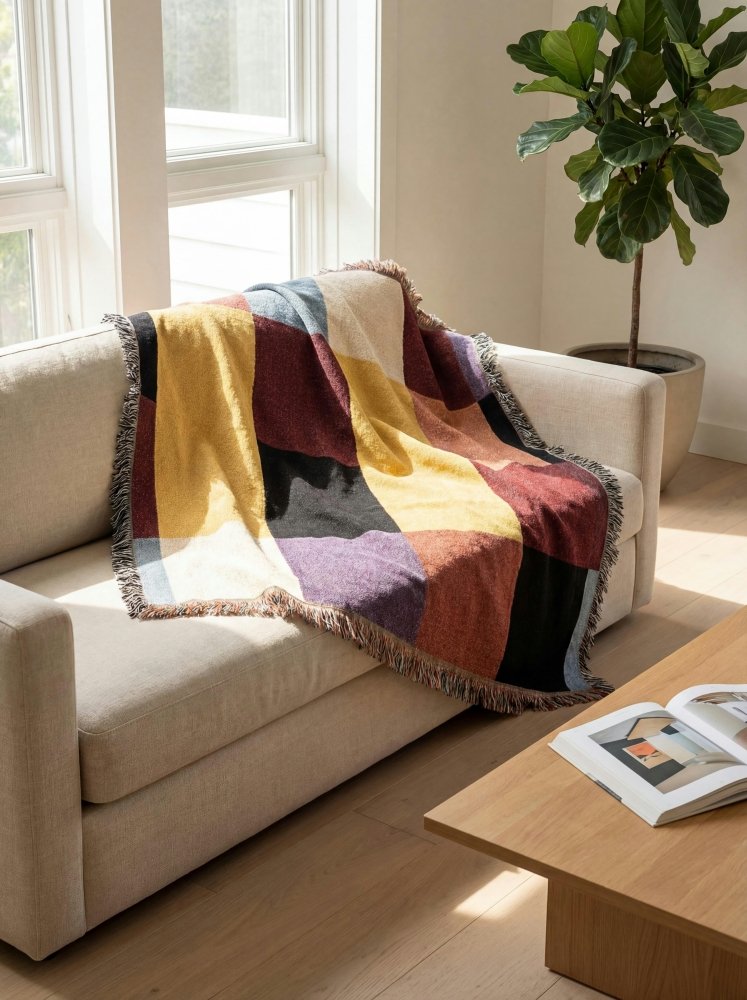 Home Decor {{variant_option}} - Color Block Modern Throw Blanket – Mustard, Wine and Navy woven throw blanket