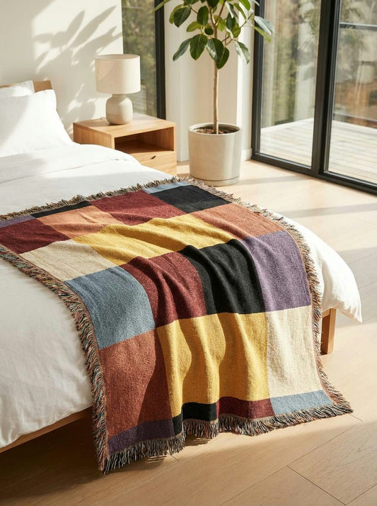 Color Block Modern Throw Blanket – Mustard, Wine and Navy - Modern Geometric Home Decor | HERITAGE LOOM CO.