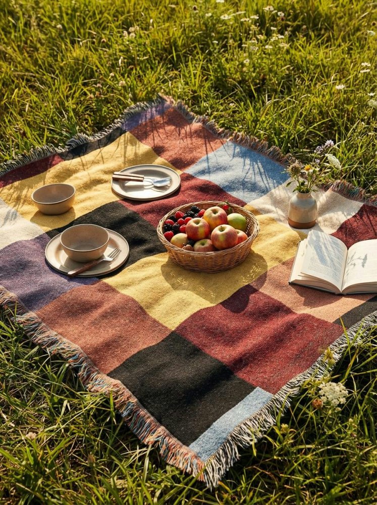Home Decor {{variant_option}} - Color Block Modern Throw Blanket – Mustard, Wine and Navy woven throw blanket