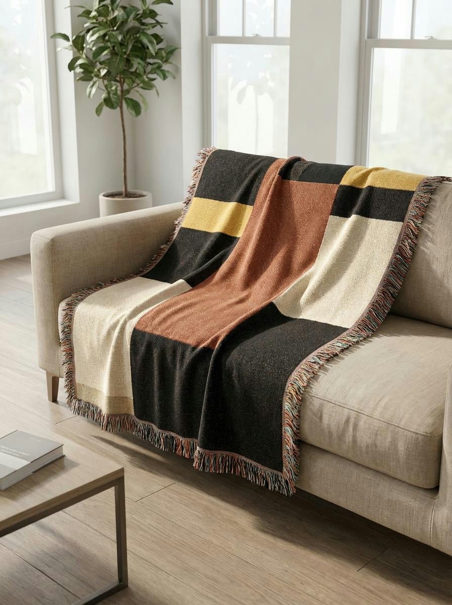 Terracotta Block Color Throw Blanket – Modern Bauhaus Woven Art Décor for Sofa and Bed. - Modern Geometric Home Decor | HERITAGE LOOM CO.