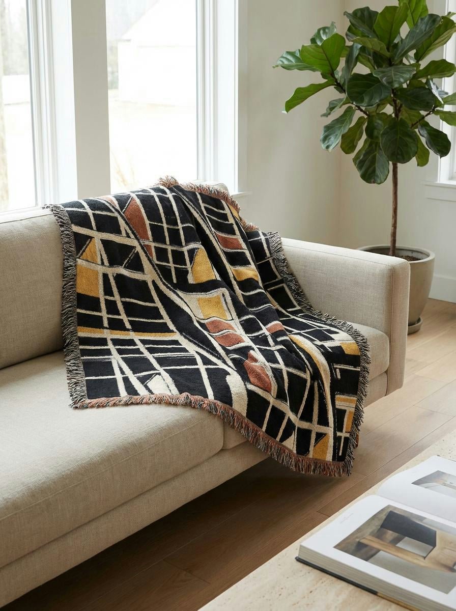Urban Grid Lines Throw Blanket – Modern Architectural Woven Art Décor for Sofa and Bed - Modern Geometric Home Decor | HERITAGE LOOM CO.