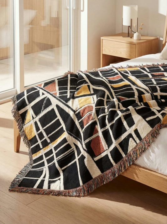 Home Decor {{variant_option}} - Urban Grid Lines Throw Blanket – Modern Architectural Woven Art Décor for Sofa and Bed woven throw blanket