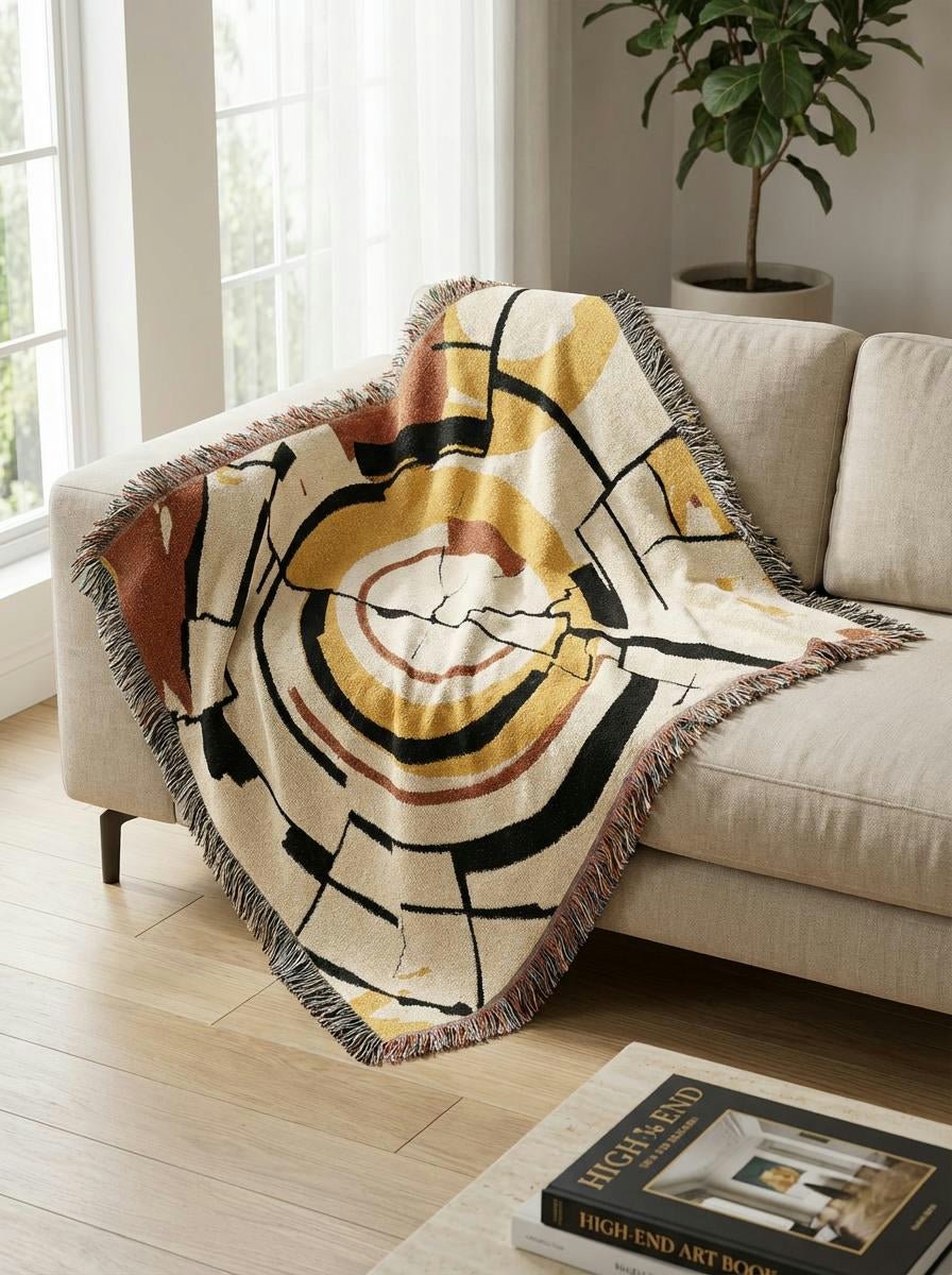Golden Orbit Abstract Throw Blanket – Modern Circular Woven Art Décor for Sofa and Bed - Modern Geometric Home Decor | HERITAGE LOOM CO.