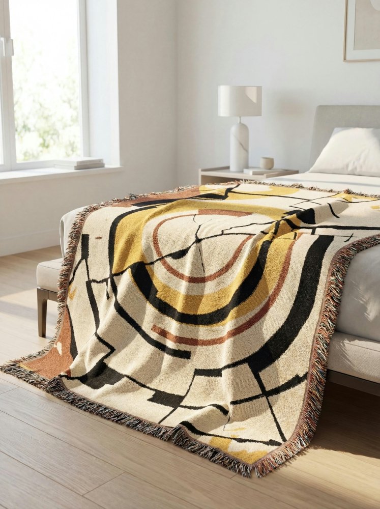 Home Decor {{variant_option}} - Golden Orbit Abstract Throw Blanket – Modern Circular Woven Art Décor for Sofa and Bed woven throw blanket