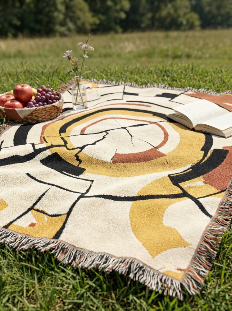 Home Decor {{variant_option}} - Golden Orbit Abstract Throw Blanket – Modern Circular Woven Art Décor for Sofa and Bed woven throw blanket