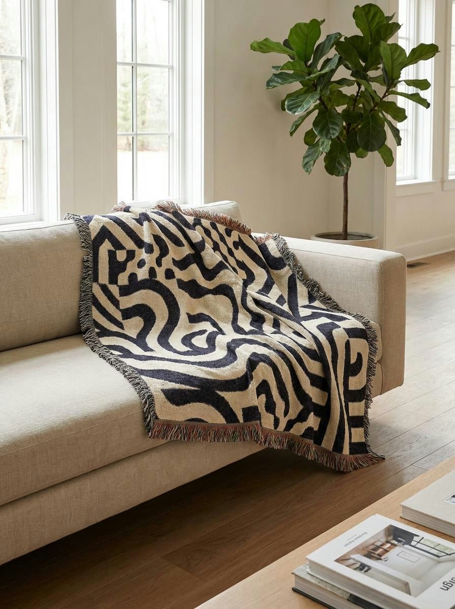 Monochrome Labyrinth Throw Blanket – Modern Abstract Line Art Woven Décor for Sofa and Bed - Modern Geometric Home Decor | HERITAGE LOOM CO.