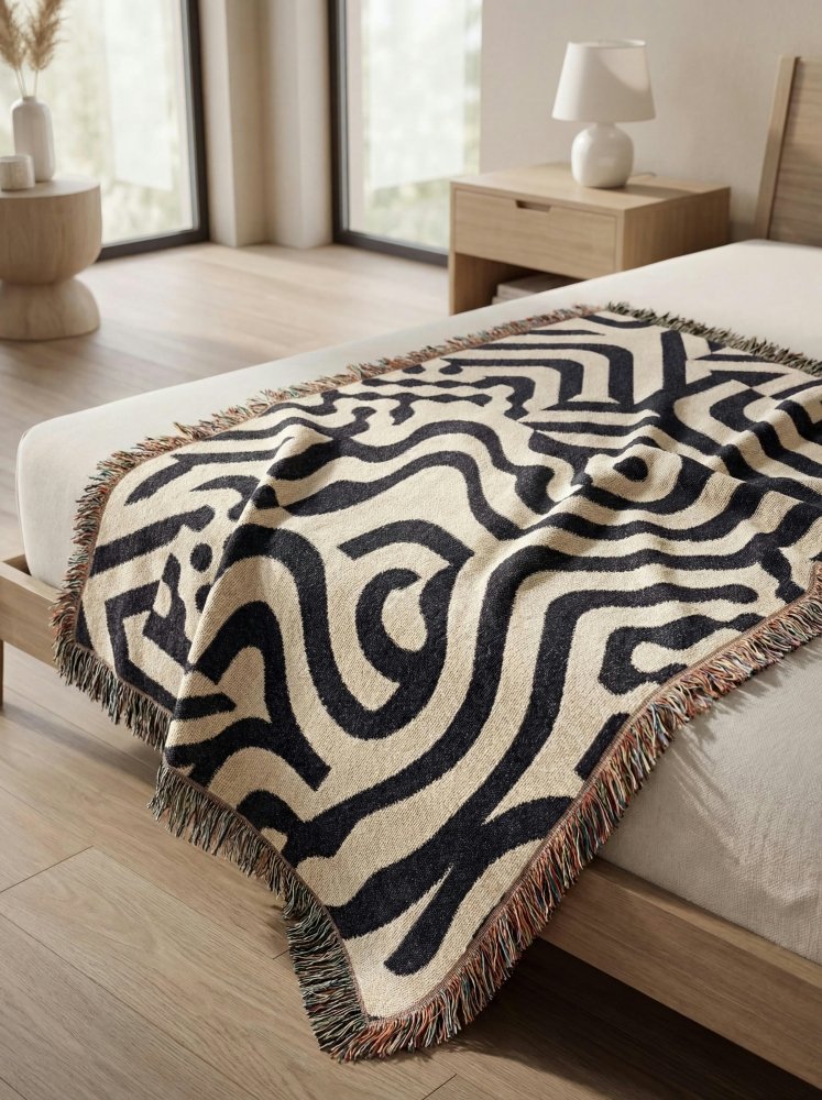 Home Decor {{variant_option}} - Monochrome Labyrinth Throw Blanket – Modern Abstract Line Art Woven Décor for Sofa and Bed woven throw blanket