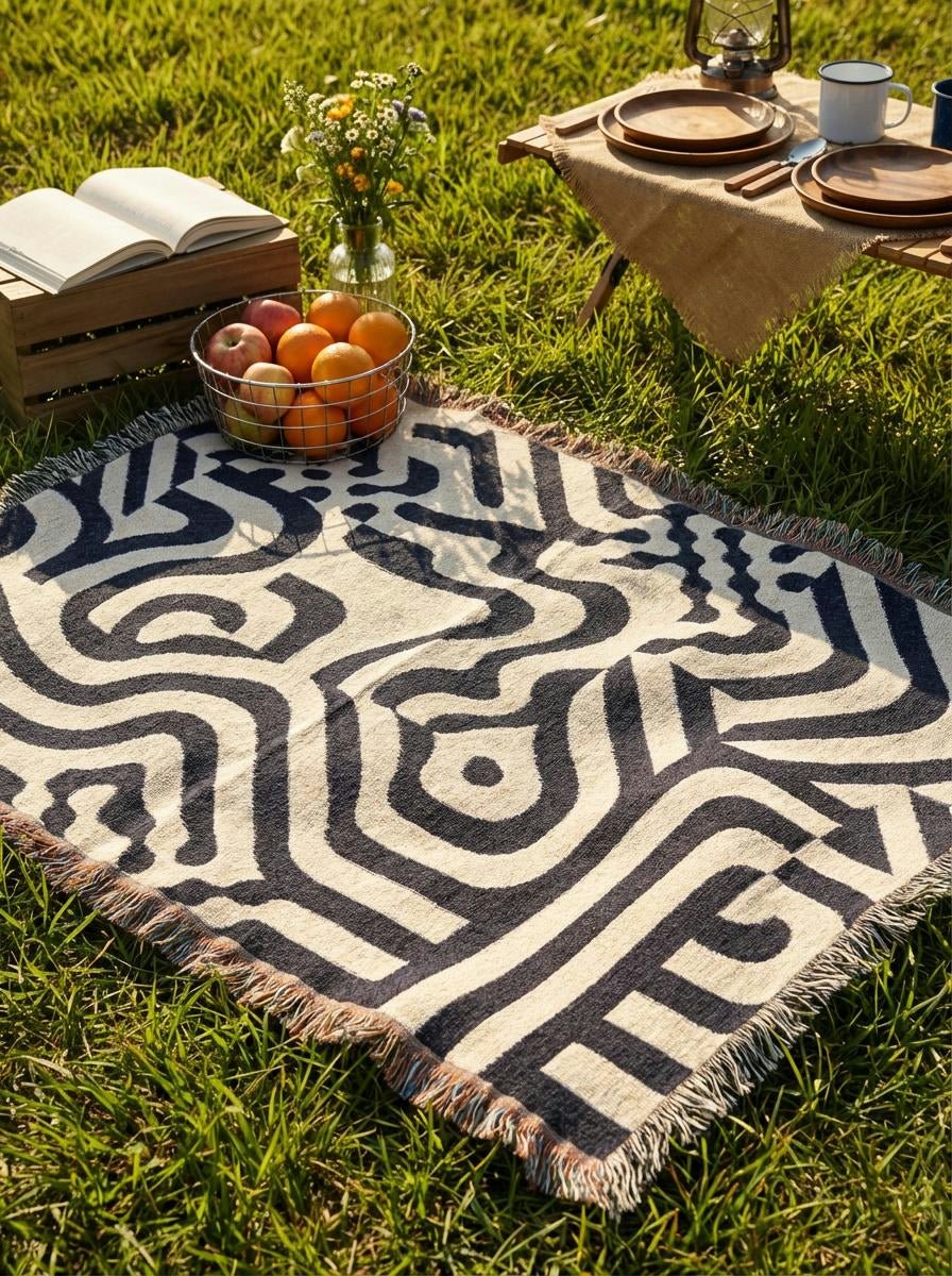 Monochrome Labyrinth Throw Blanket – Modern Abstract Line Art Woven Décor for Sofa and Bed - Modern Geometric Home Decor | HERITAGE LOOM CO.