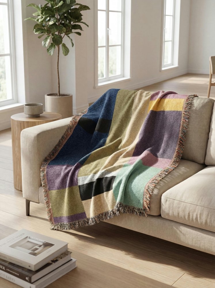 Home Decor {{variant_option}} - Color Block Modern Throw Blanket – Abstract Geometric Woven Art Décor for Sofa and Bed woven throw blanket