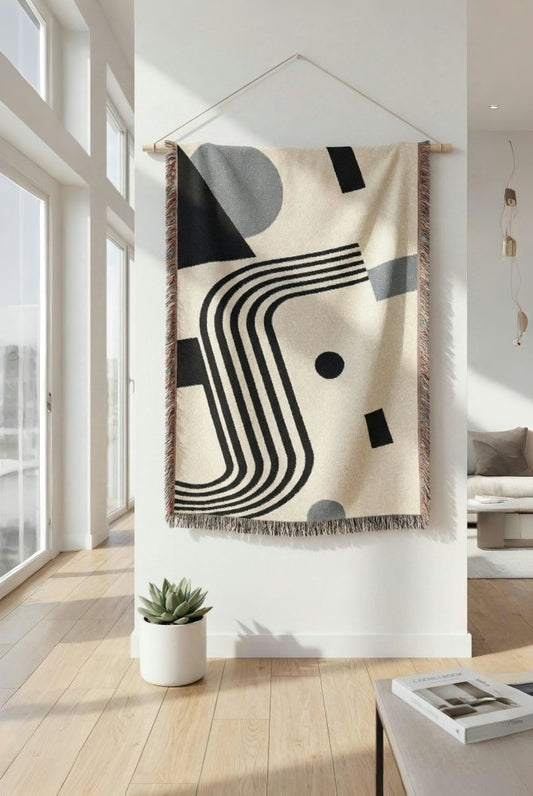Home Decor {{variant_option}} - Monochrome Bauhaus Curve Throw Blanket – Modern Black & Gray Geometric Woven Décor for Sofa and Bed woven throw blanket