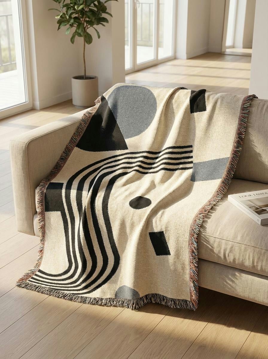 Monochrome Bauhaus Curve Throw Blanket – Modern Black & Gray Geometric Woven Décor for Sofa and Bed - Modern Geometric Home Decor | HERITAGE LOOM CO.