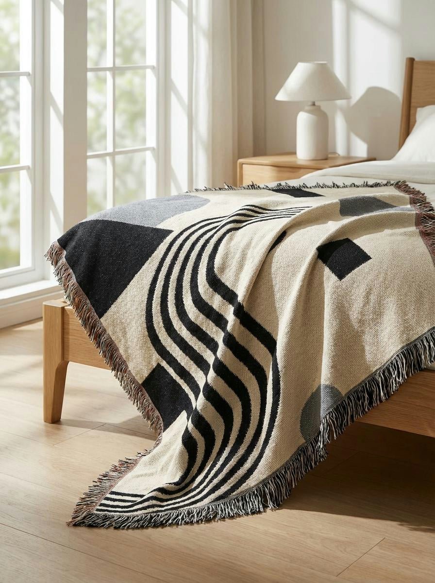 Monochrome Bauhaus Curve Throw Blanket – Modern Black & Gray Geometric Woven Décor for Sofa and Bed - Modern Geometric Home Decor | HERITAGE LOOM CO.