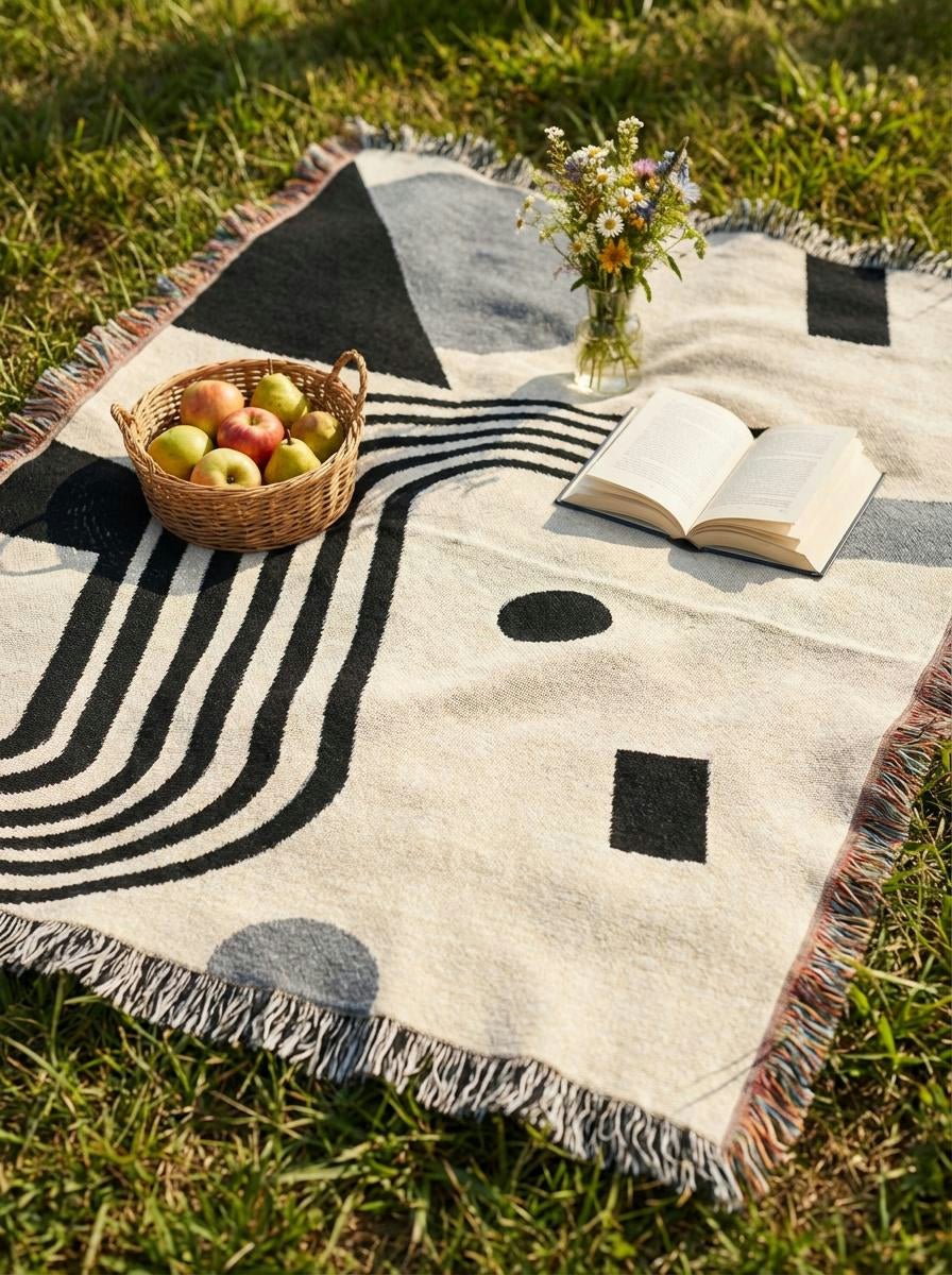 Monochrome Bauhaus Curve Throw Blanket – Modern Black & Gray Geometric Woven Décor for Sofa and Bed - Modern Geometric Home Decor | HERITAGE LOOM CO.