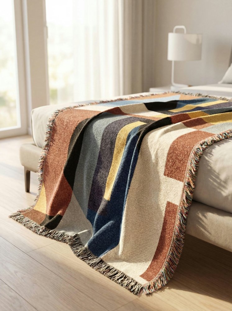 Home Decor {{variant_option}} - Abstract Bauhaus Multicolor Throw Blanket – Modern Geometric Art Décor for Living Room and Bedroom woven throw blanket