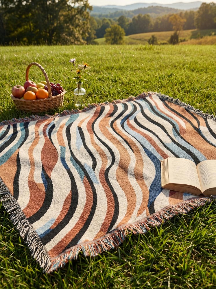 Home Decor {{variant_option}} - Desert River Wave Throw Blanket – Earthtone Abstract Woven Art Décor for Sofa and Bed woven throw blanket