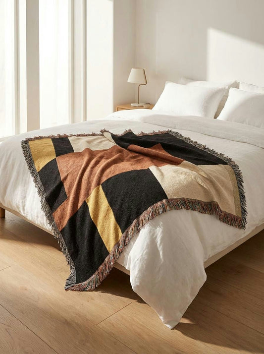 Terracotta Block Color Throw Blanket – Modern Bauhaus Woven Art Décor for Sofa and Bed. - Modern Geometric Home Decor | HERITAGE LOOM CO.
