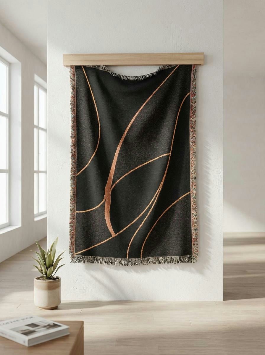 Midnight Curves Woven Throw Blanket – Minimalist Black Brown Modern Art for Sofa and Bed - Modern Geometric Home Decor | HERITAGE LOOM CO.