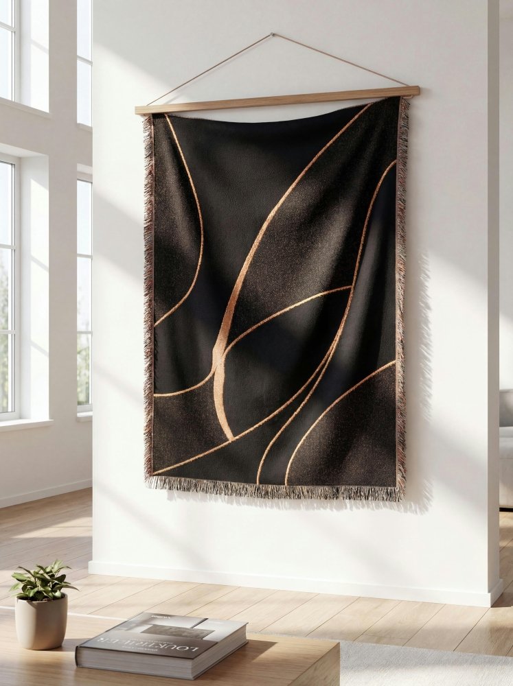 Home Decor {{variant_option}} - Midnight Curves Woven Throw Blanket – Minimalist Black Brown Modern Art for Sofa and Bed woven throw blanket