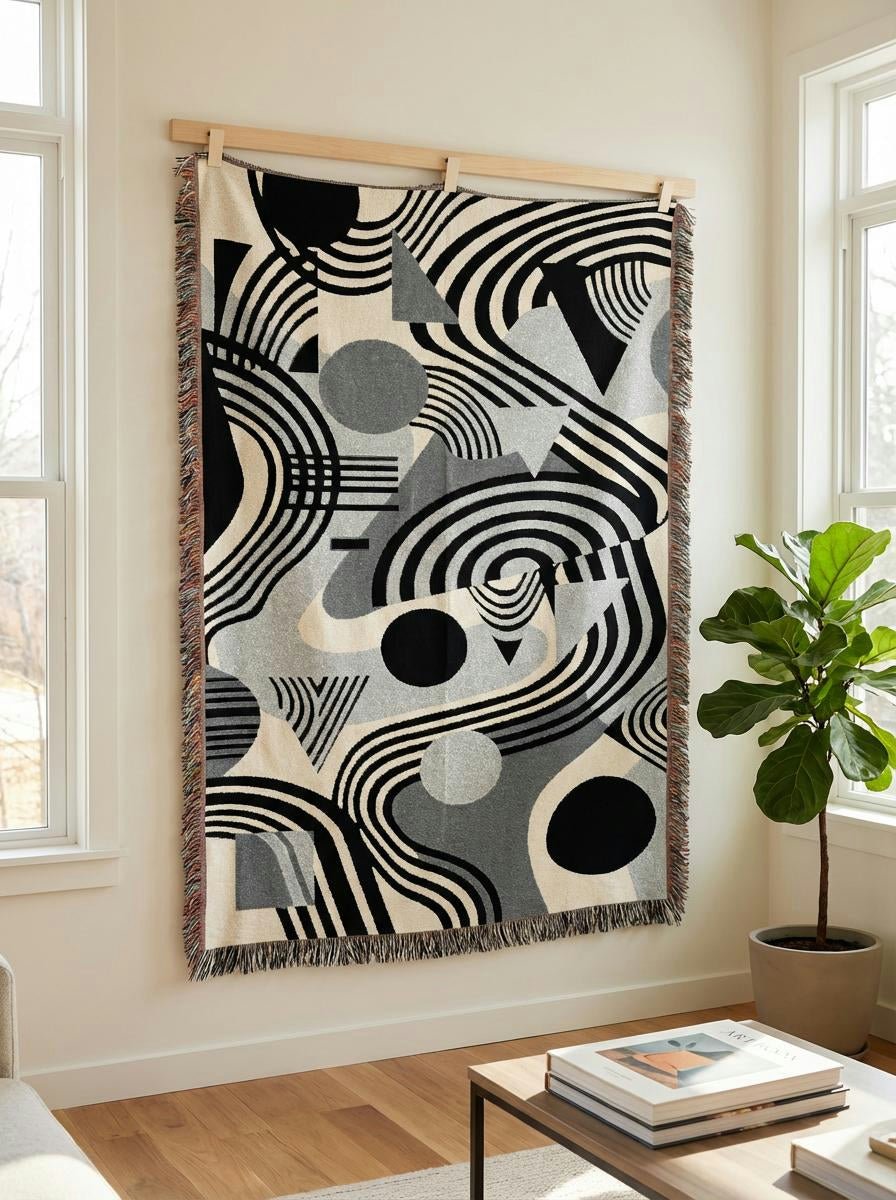 Monochrome Waves Geometric Throw Blanket – Black and Grey Modern Woven Art for Sofa and Bed - Modern Geometric Home Decor | HERITAGE LOOM CO.