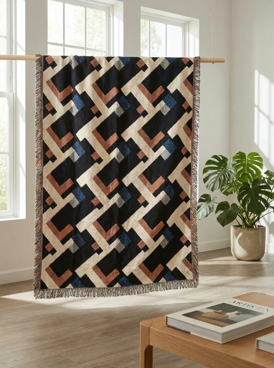 Retro Grid Pathways Throw Blanket – Modern Geometric Woven Art Décor for Sofa and Bed - Modern Geometric Home Decor | HERITAGE LOOM CO.