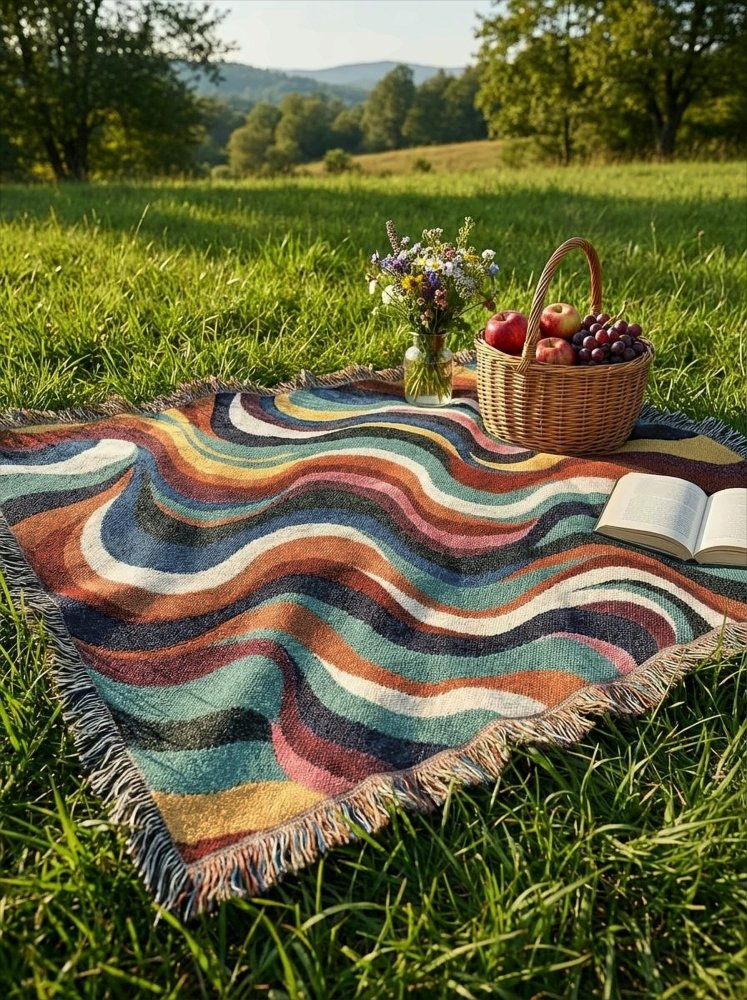 Home Decor {{variant_option}} - Cosmic Waves Colorful Throw Blanket – Retro Modern Woven Art for Sofa and Bed woven throw blanket