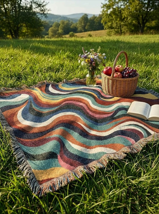 Home Decor {{variant_option}} - Cosmic Waves Colorful Throw Blanket – Retro Modern Woven Art for Sofa and Bed woven throw blanket