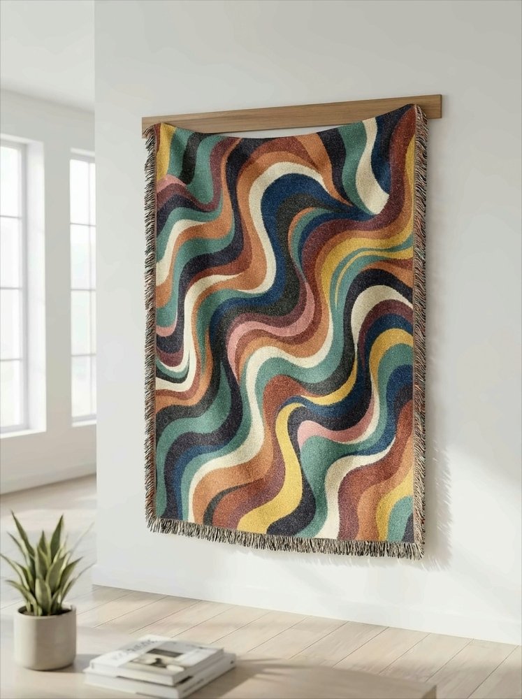 Home Decor {{variant_option}} - Cosmic Waves Colorful Throw Blanket – Retro Modern Woven Art for Sofa and Bed woven throw blanket