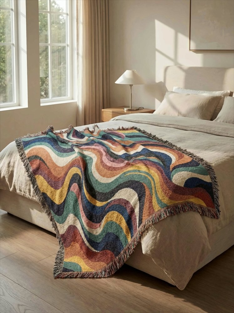 Home Decor {{variant_option}} - Cosmic Waves Colorful Throw Blanket – Retro Modern Woven Art for Sofa and Bed woven throw blanket