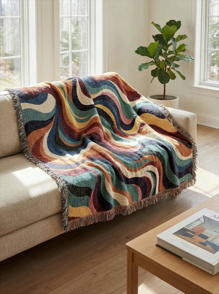 Home Decor {{variant_option}} - Cosmic Waves Colorful Throw Blanket – Retro Modern Woven Art for Sofa and Bed woven throw blanket