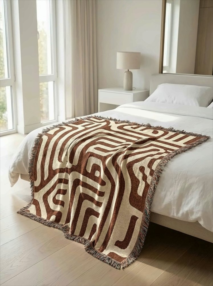 Home Decor {{variant_option}} - Terracotta Labyrinth Woven Throw Blanket – Modern Abstract Maze Art for Sofa and Bed woven throw blanket