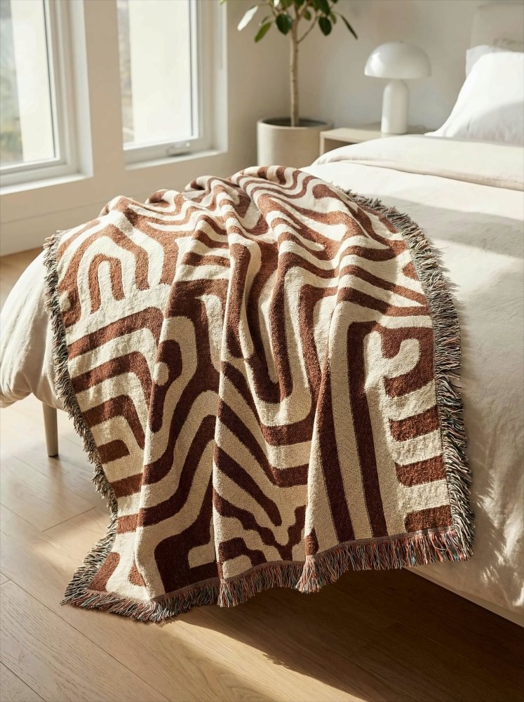 Home Decor {{variant_option}} - Terracotta Labyrinth Woven Throw Blanket – Modern Abstract Maze Art for Sofa and Bed woven throw blanket