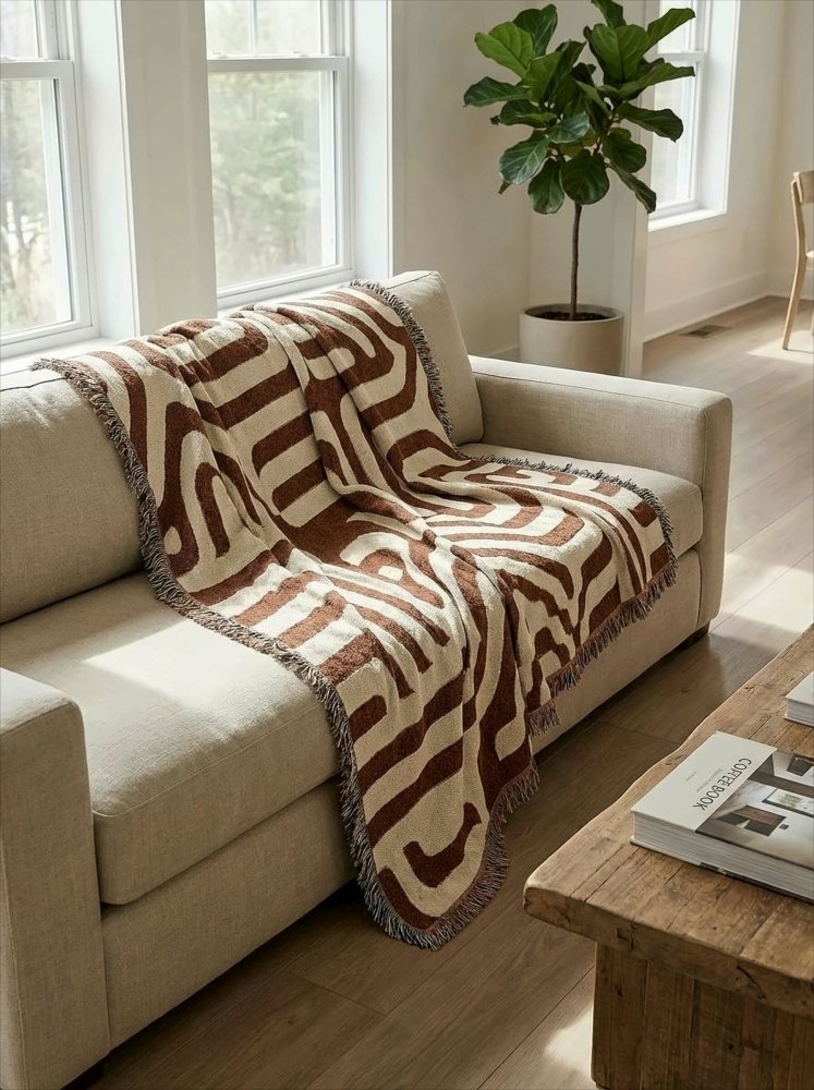 Home Decor {{variant_option}} - Terracotta Labyrinth Woven Throw Blanket – Modern Abstract Maze Art for Sofa and Bed woven throw blanket