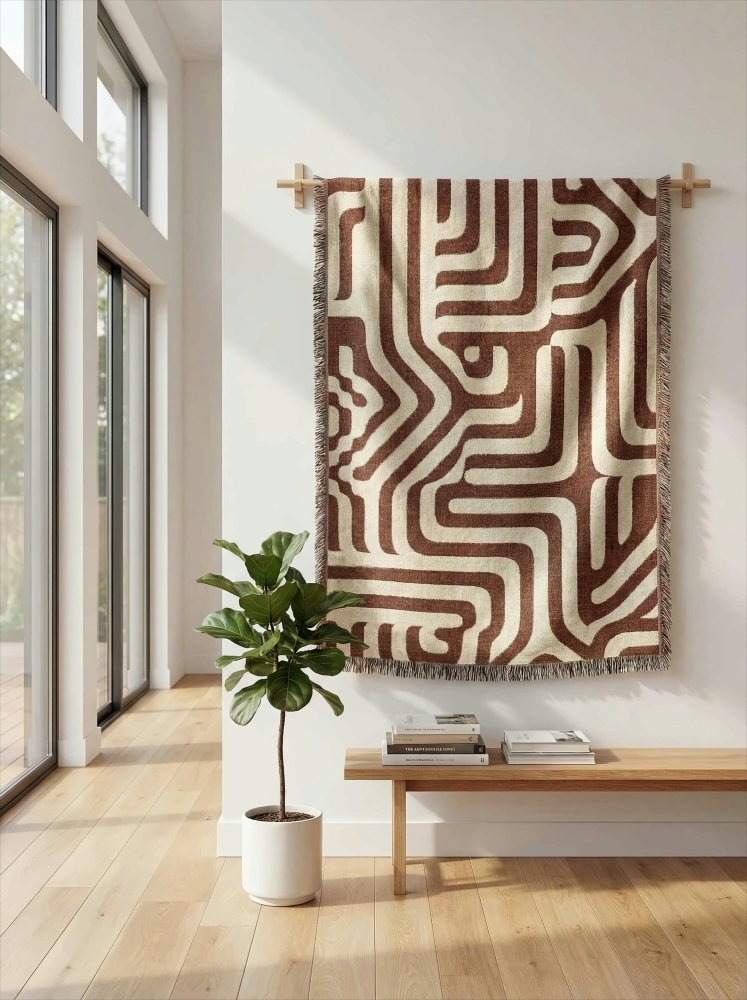 Home Decor {{variant_option}} - Terracotta Labyrinth Woven Throw Blanket – Modern Abstract Maze Art for Sofa and Bed woven throw blanket