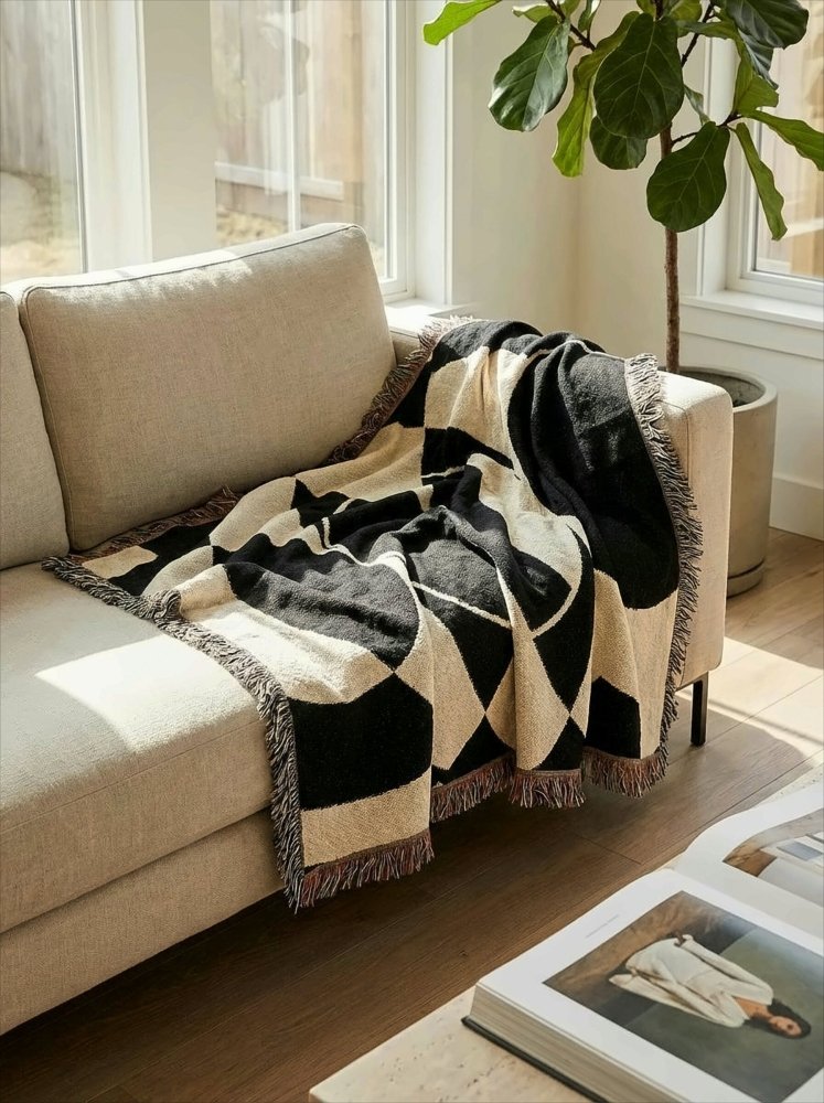Home Decor {{variant_option}} - Monochrome Eclipse Geometric Throw Blanket – Modern Black & Ivory Woven Art Décor for Sofa and Bed woven throw blanket