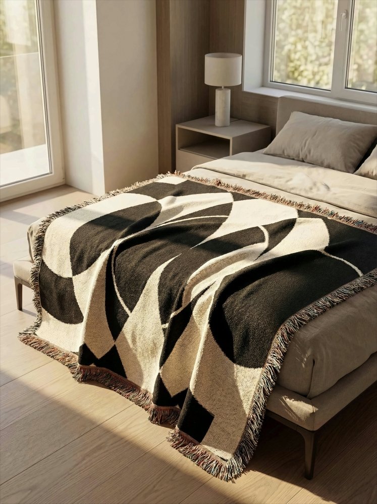 Home Decor {{variant_option}} - Monochrome Eclipse Geometric Throw Blanket – Modern Black & Ivory Woven Art Décor for Sofa and Bed woven throw blanket