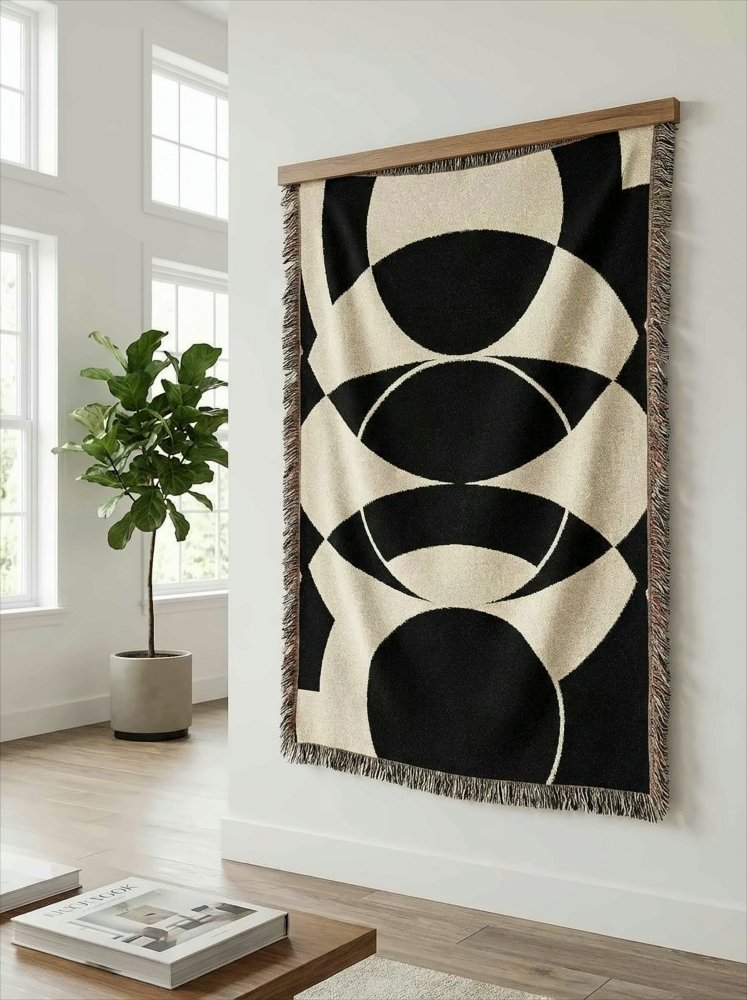 Home Decor {{variant_option}} - Monochrome Eclipse Geometric Throw Blanket – Modern Black & Ivory Woven Art Décor for Sofa and Bed woven throw blanket