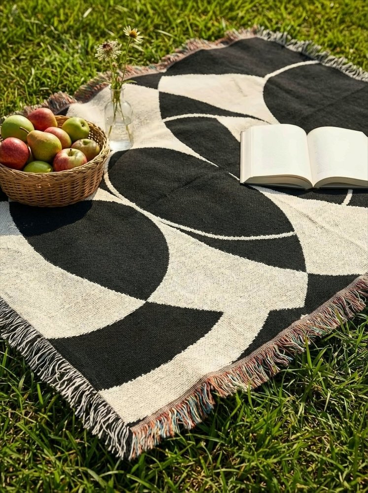 Home Decor {{variant_option}} - Monochrome Eclipse Geometric Throw Blanket – Modern Black & Ivory Woven Art Décor for Sofa and Bed woven throw blanket